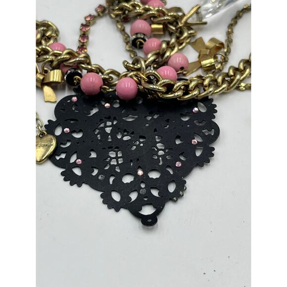 Betsey Johnson Multistrand Webb Bows Pink Beads Crystals Black Heart Necklace - Picture 8 of 10